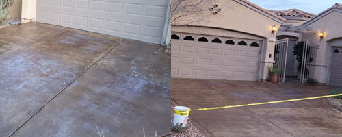Before and after comparison of a treated concrete driveway