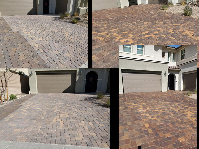Mismatched driveway pavers before and after professional sealing