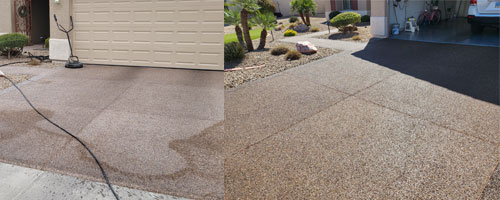Before and after of a pebble stone driveway being cleaned and sealed
